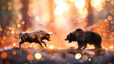 Powerful bull charging head-on against aggressive bear, dramatic stock market crash and rise graph glowing behind, symbol of financial volatilityの素材