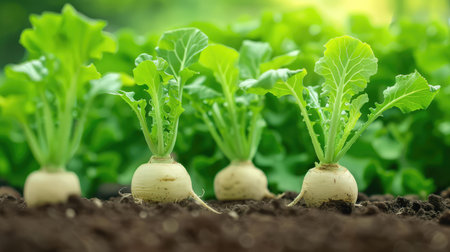 Organic farming scene with turnip plants growing in moist dark soil, focus on green leaves and rootsの素材