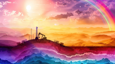 Rainbow-colored earth layers geological slice scene drilling equipment silhouette top-depth study extraction conceptの素材