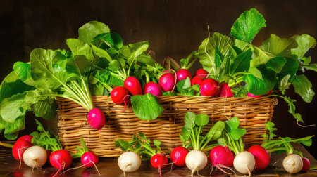Still life of colorful radishes and turnips freshly harvested, rustic organic farm feelの素材