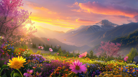 Sunrise scene with pink, yellow, and purple flowers glowing warmly, quiet landscape full of serenityの素材
