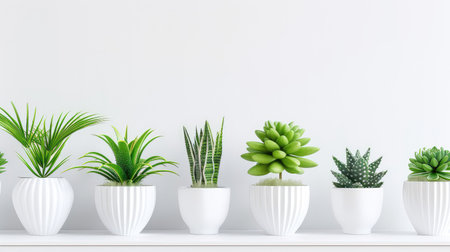 White pots with lush plants lined evenly on shelf, crisp minimalist background emphasizing freshnessの素材