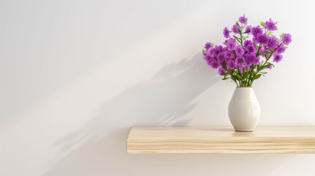 Natural wood shelf with purple flowers in vase against white wall, soft lighting and balance in designの素材