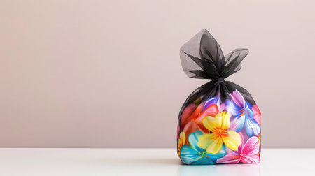 Artistic concept: knotted black trash bag with colorful abstract floral prints, photographed in clean studio lightingの素材