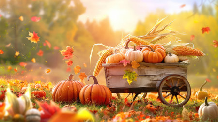 A weathered cart overflowing with pumpkins and corn stalks, evoking nostalgic rural harvest charmの素材
