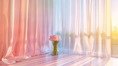 Contemporary curtain design with structured pleats and soft gradient shading, minimalist architectural backdropの素材