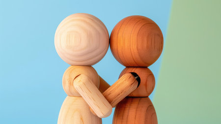 Minimalist studio shot of wooden mannequins embracing or comforting each other against a plain backdropの素材