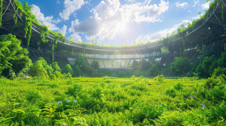 Panoramic view of an overgrown stadium where wild vegetation overtakes the fieldの素材