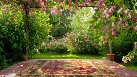 Springtime view of a handmade Kaar Kash rug under a canopy of blossoms, reflecting cultural craftsmanshipの素材