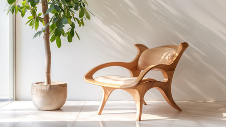Studio photo of hand-carved wooden chair with organic shapes, lit by gentle natural light on clean neutral floorの素材