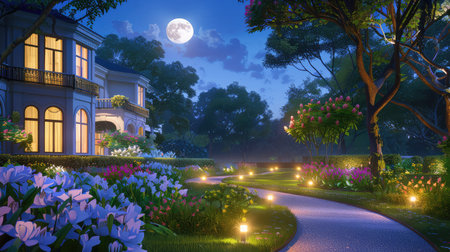 A stunning moonlit garden pathway leads past colorful flowers and lush trees to an elegant home, creating a serene and inviting atmosphere.の素材