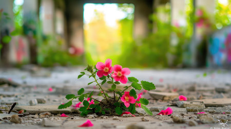 A beautiful pink wildflower thrives in an abandoned urban setting, surrounded by scattered petals and stones, showcasing natureの素材