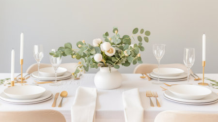 Discover an elegant table setting featuring a stunning floral arrangement, candles, and fine dining utensils, perfect for any special occasion or intimate gathering.の素材