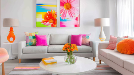 A bright and cheerful modern living room featuring vibrant floral art, comfortable seating, and stylish decor that creates an inviting atmosphere.の素材