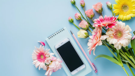 A charming workspace featuring a smartphone, a notepad, and vibrant flowers arranged on a soft pastel blue background. Perfect for creative planning.の素材