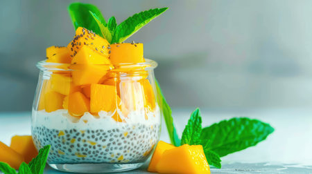 Enjoy a vibrant bowl of mango chia seed pudding topped with fresh mint leaves, perfect for a light summer dessert or healthy snack option.の素材