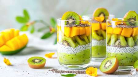 This delightful and colorful fruit parfait showcases layers of fresh kiwi, ripe mango, and creamy chia seeds, beautifully garnished with edible flowers.の素材