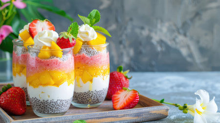 This vibrant dessert features layers of chia seeds, mango, strawberries, and cream, perfect for summer gatherings or special occasions. Indulge in freshness!の素材
