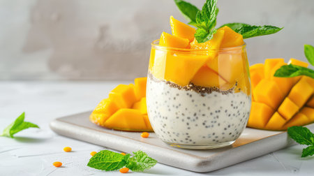 A delightful serving of mango chia pudding topped with fresh mango slices and mint leaves, showcasing vibrant colors and healthy ingredients.の素材