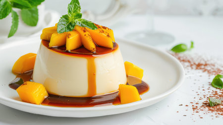 Delight in a creamy vanilla pudding topped with rich caramel sauce and fresh mango chunks, garnished with mint leaves for a refreshing finish.の素材