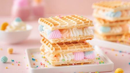 A visually appealing dessert featuring stacked waffles filled with colorful cream and sprinkles, set against a soft pink background, perfect for celebrations.の素材