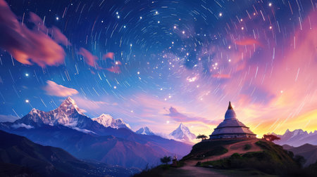 A breathtaking landscape featuring stunning mountain peaks under a starry sky, with a colorful twilight ambiance enhancing the beauty of nature.の素材
