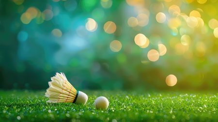 A close-up shot of a shuttlecock and a small ball resting on lush green grass, featuring a beautiful bokeh background that evokes a sense of playfulness and leisure.の素材