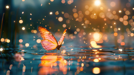 A stunning butterfly rests gracefully on the water's surface, illuminated by a soft golden glow. The scene captures serene beauty with shimmering reflections.の素材