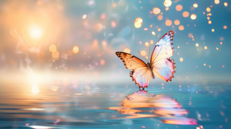 A stunning butterfly glides gracefully on the calm water surface, surrounded by a soft bokeh effect and warm sunset colors, creating a tranquil atmosphere.の素材