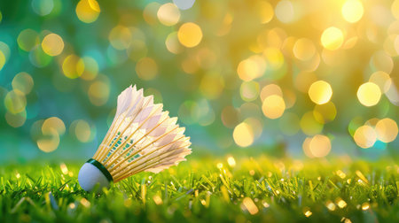 A close-up view of a badminton shuttlecock resting on vibrant green grass, complemented by a magical bokeh background with soft sunlight. Perfect for sports-themed projects.の素材