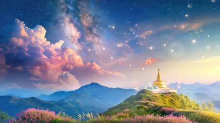 A breathtaking scene of a golden temple perched on a mountain, surrounded by stunning clouds and a starry twilight sky, creating a serene and magical atmosphere.の素材