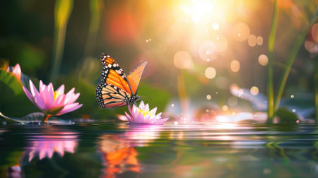 A beautiful butterfly rests delicately on a pink lotus flower, reflecting in serene waters. The soft focus background glimmers with sunlight, creating a tranquil nature scene.の素材