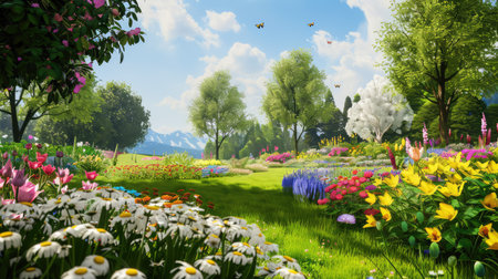 A picturesque spring landscape showcasing a variety of blooming flowers and lush greenery under a bright blue sky. Ideal for nature themes.の素材
