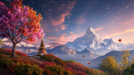 A tranquil mountain landscape features a stupa surrounded by colorful trees, framed by a starry sky at dusk, evoking peace and natural beauty.の素材