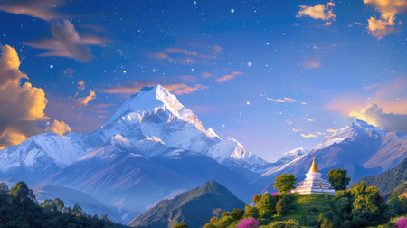 This stunning image captures a serene mountain landscape featuring majestic peaks under a starry sky, complemented by lush greenery in the foreground.の素材