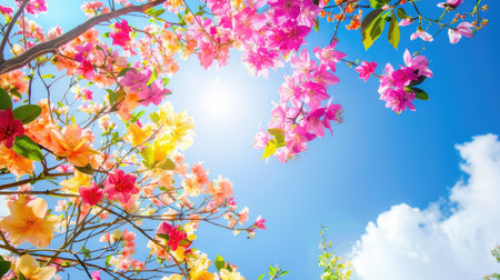 A stunning view of vibrant bougainvillea flowers in various colors against a bright blue sky. The scene captures the beauty of nature and springtime, radiating warmth and joy. Ideal for themes of growth, serenity, and natural beauty.の素材