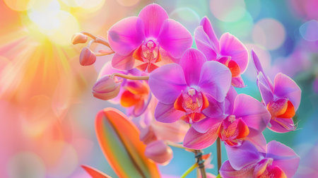 Beautiful close-up image of vibrant orchids showcasing intricate petals and soft bokeh background, illuminated by warm sunlight, perfect for floral themes.の素材