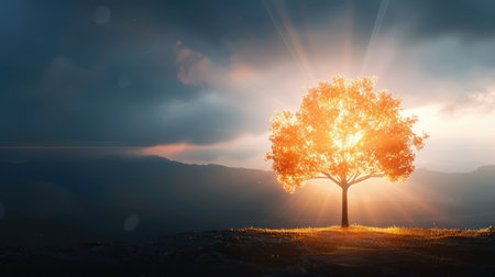 Dramatic lighting effect illuminating a single tree, contrast between light and darkness, generative AI conceptの素材
