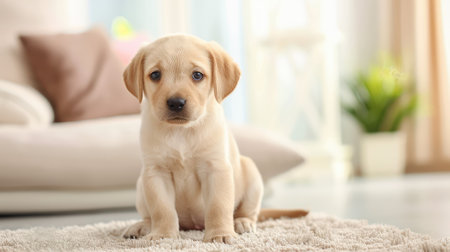 An adorable golden retriever puppy sitting on a soft rug in a cozy living room, showcasing its innocent expression and playful nature.の素材