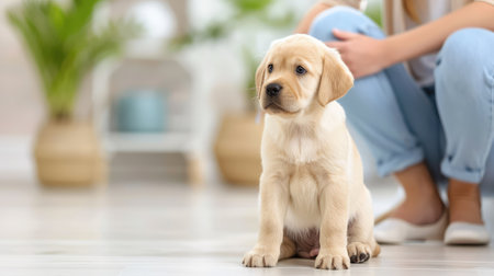 A charming young Labrador puppy sits on a bright floor, gazing with innocent eyes while a caring human companion crouches nearby in a cozy home setting.の素材