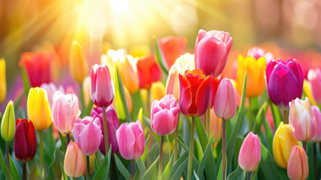 A stunning image of a vibrant tulip garden bathed in soft sunlight, showcasing the diverse colors and delicate petals of blooms in full glory.の素材