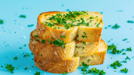 This image features beautifully toasted slices of bread adorned with fresh parsley, perfect for conveying warmth and culinary delight in food-related projects.の素材