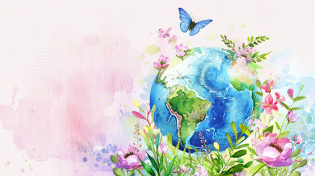 Hand-painted style watercolor globe and nature elements, environmental protection theme, generative AIの素材