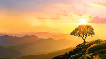 Silhouette of a single tree on a high peak at sunset, soft golden light spreading across distant mountains, tranquil and inspirational sceneryの素材