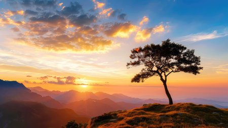Tree silhouette on high peak at sunset, warm tones and sweeping mountain views for inspirational nature photographyの素材