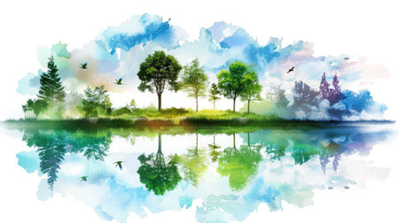 Soft watercolor world illustration with trees, clouds and harmony, eco concept generative AI artの素材