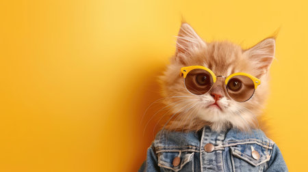 A fashionable cat sporting stylish sunglasses and a denim jacket stands confidently against a vibrant yellow backdrop, radiating charm and personality.の素材