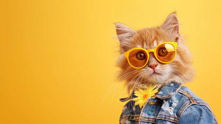 A trendy cat wearing stylish sunglasses and a denim jacket poses against a vivid yellow backdrop. The vibrant colors capture a fun and playful mood.の素材