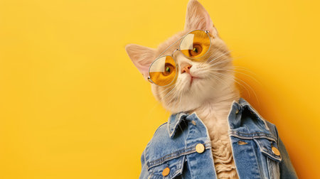 This adorable cat showcases its stylish side with sunglasses and a denim jacket, adding charm against a vibrant yellow background, perfect for playful themes.の素材
