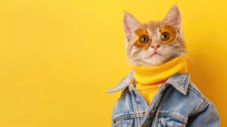 This amusing image features a stylish cat wearing sunglasses and a denim jacket against a vibrant yellow backdrop, capturing a playful and trendy mood.の素材